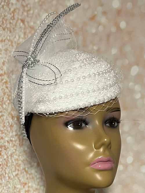 White Lace and Pearl Half Hat Fascinator for weddings, church, tea parties and special occasions