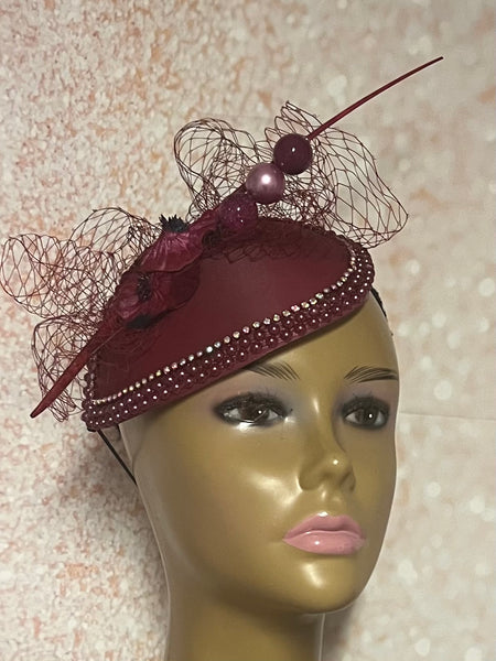 Burgundy Teardrop Flower Fascinator Half Hat for Church, Weddings and other special occasions