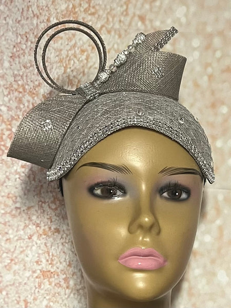 Silver Flower Fascinator Half Hat for Church head covering, Tea Party, Wedding, and other Special Occasions