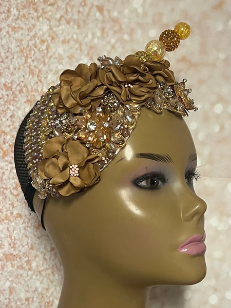 Gold and Beige/Khaki Beaded Flower Double Cup Fascinator, Church Special Occasion Half Hat