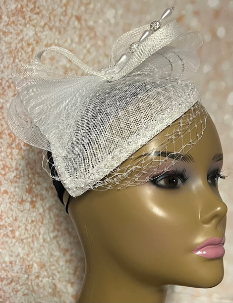 White Sinamay Teardrop Fascinator Half Hat for Church, Weddings and other special occasions