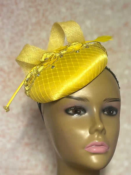 Yellow Satin Fascinator Half Hat, Church Head Covering, Headwear, Tea Parties, Weddings and other Special Occasions