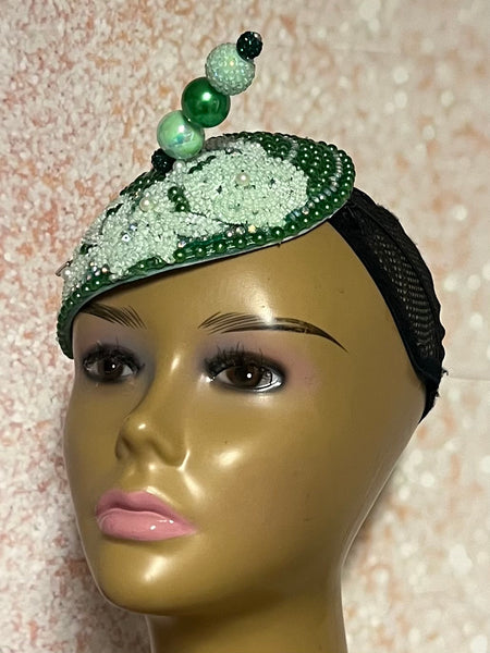 Dark Green Crystal Bead Bling Fascinator | Mint Green Teardrop Half Hat for Church