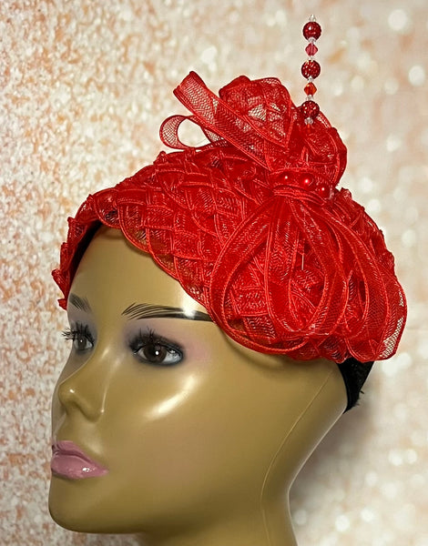 Beautiful Red Fascination Half Hat for Church, Tea Party, Weddings and Special Occasions