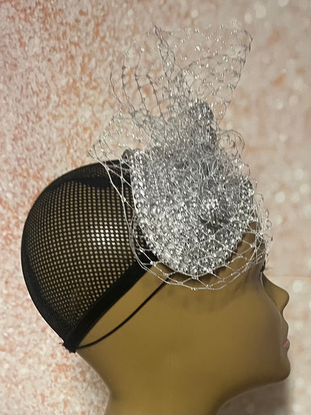 Silver Beaded Headband-Shaped Fascinator Half Hat for Church, Tea Parties, Weddings and other special occasions