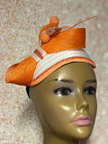 White and Orange Satin Half Hat Fascinator for Church Head Covering, Wedding, Tea Party, Mother of the Bride, and Other Special Occasions