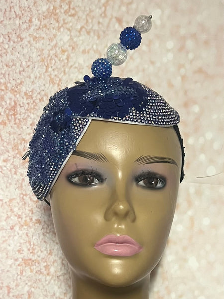 Blue Double Cup Beaded hat for Church, Weddings, Tea Parties, and other special occasions