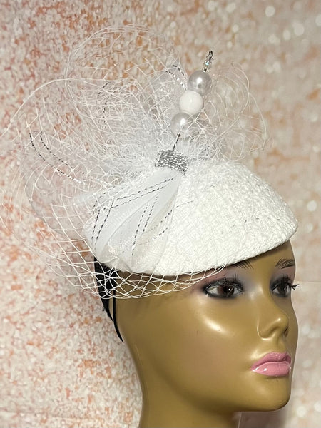White Lace Full Hat Fascinator for weddings, church, tea parties and special occasions