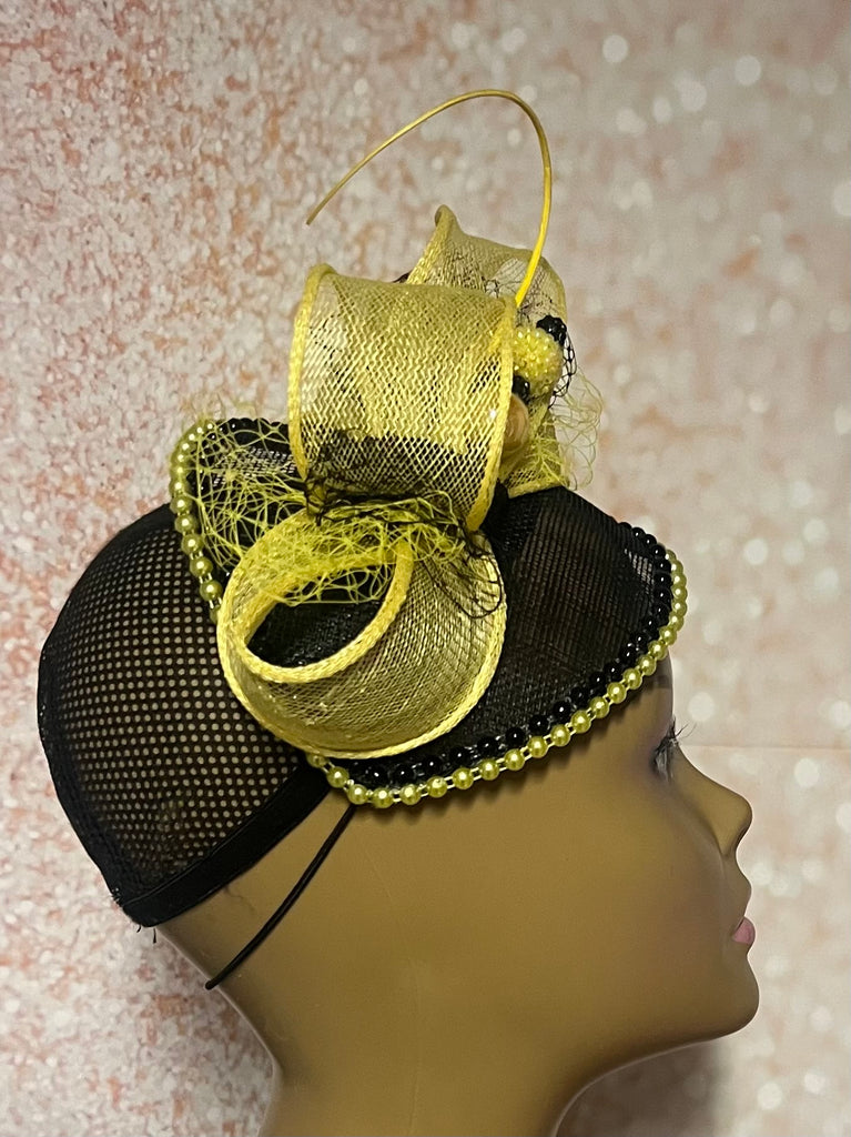 Yellow and Black Sinamay Beaded Teardrop Fascinator Half Hat, Church Head Covering, Headwear, Tea Parties, Weddings, other Special Occasions