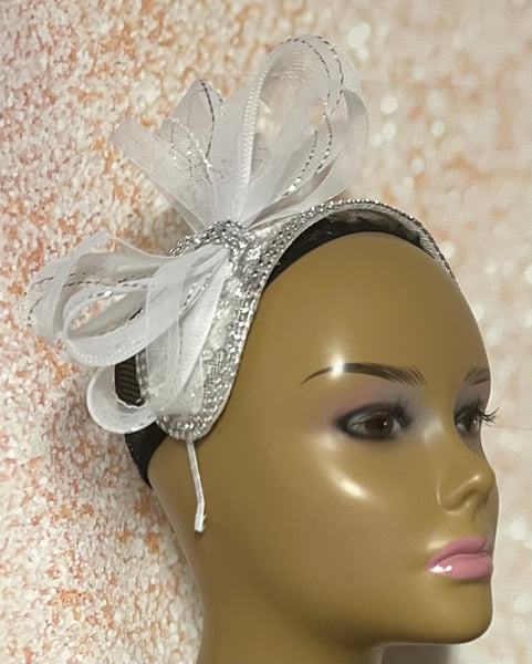 White Sinamay Lace Sequin Headband Fascinator, for Weddings, Church, Tea Parties, and other Special Occasions