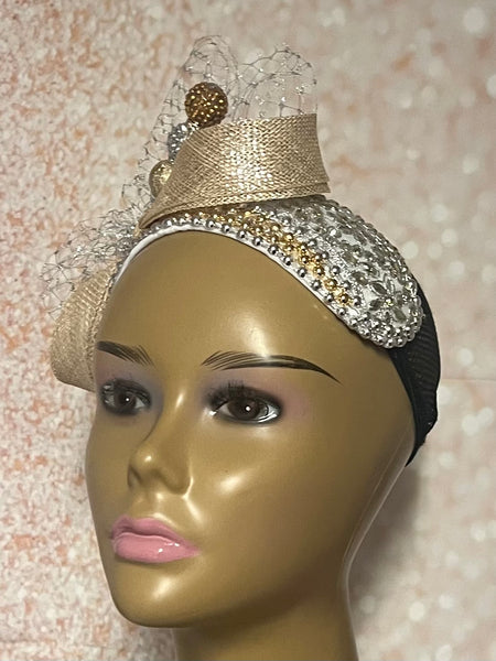 Gold and Silver Beaded Headband-Shaped Fascinator Half Hat for Church, Tea Parties, Weddings and other special occasions