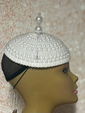 White Beaded Pearl Button Half Hat Fascinator for weddings, church and special occasions, Gift for Mom, Sister, Wife, Her