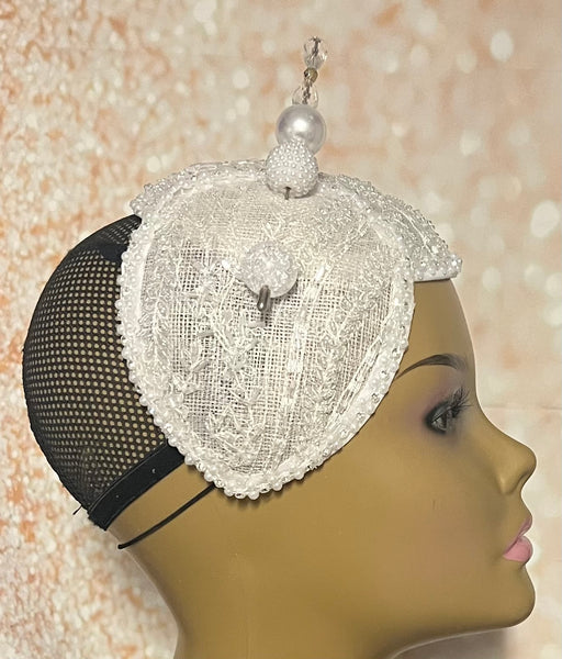 White Sinamay Bling Half Hat Fascinator for weddings, church, tea parties and special occasions