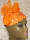 Orange Sequin Half Hat Fascinator for Church Head Covering, Wedding, Tea Party, Mother of the Bride, and Other Special Occasions