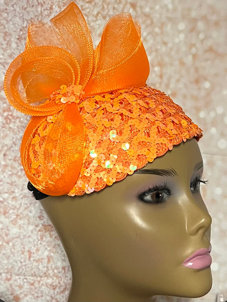 Orange Sequin Half Hat Fascinator for Church Head Covering, Wedding, Tea Party, Mother of the Bride, and Other Special Occasions