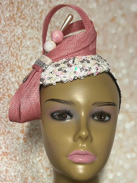 Pink Sinamay Fascinator, Light Pink Half Hat for Church head covering, Tea Party, Wedding, and other Special Occasions