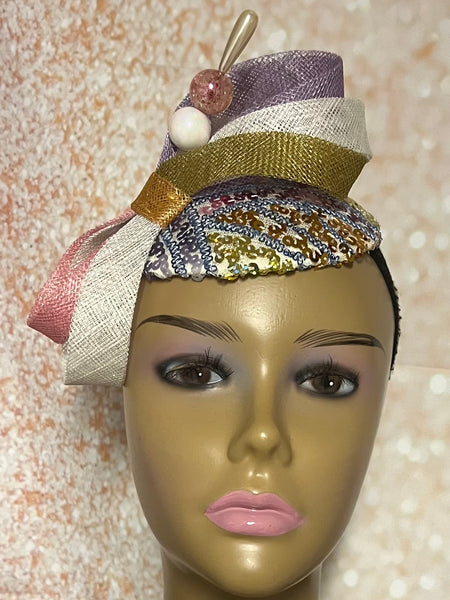 Lavender, Bronze Peach Yellow Pastel Multicolor Small Sinamay Fascinator Hat, Church Head Covering, Tea Party, Wedding and other special occasions