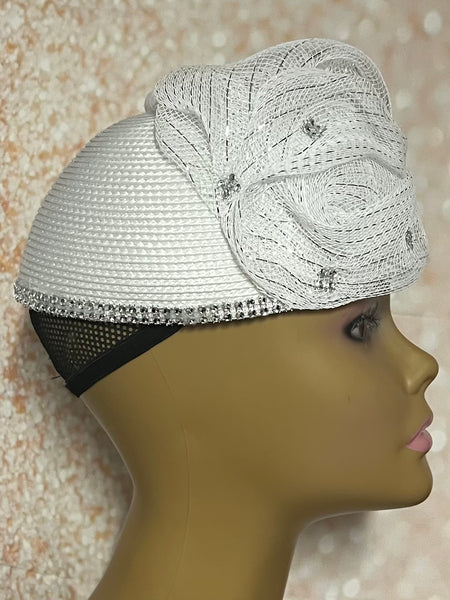 White Draped Mesh Full Hat Fascinator for weddings, church, tea parties and special occasions