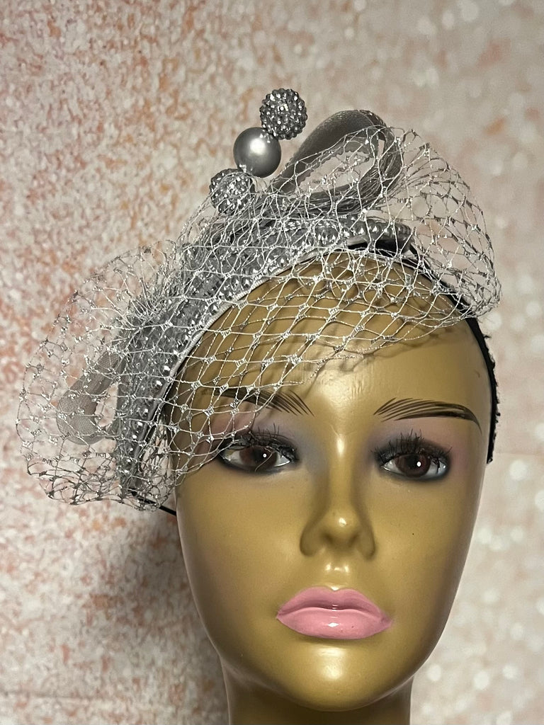 Silver Rhinestones Crystal Bling Teardrop Fascinator Half Hat for Church, Tea Parties, Weddings and other special occasions