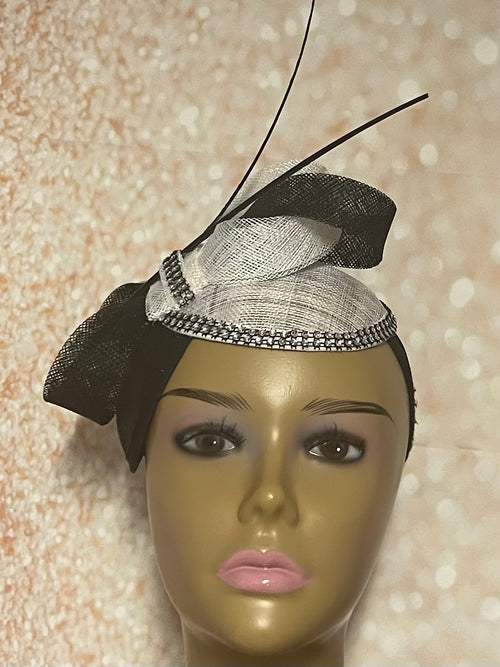 Black and White Sinamay Fascinator Half Hat for Church Head Covering, Tea Party, Wedding and Other Special Occasions