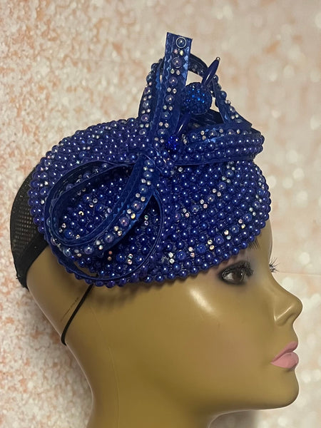 Blue and Round Beaded Rhinestone Fascinator for Church, Cobalt Blue Half Hat for Tea Parties, Weddings and Special Occasions
