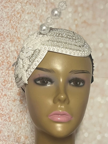 White Teardrop Double Cup Half Hat Fascinator for weddings, church, tea parties and special occasions