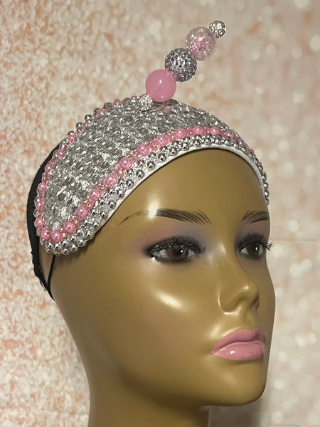 Pink and Silver Beaded Fascinator Half Hat, Church Head Covering