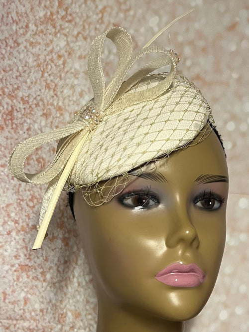 Cream Button Fascinator Half Hat for Church Head Covering, Tea Party, Wedding and Other Special Occasions