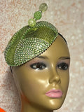 Green Rhinestone Button Pillbox Fascinator Half Hat, Church Head Covering, Headwear, Tea Parties, Weddings and other Special Occasions