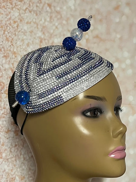 Blue and Silver Bling Teardrop Fascinator Half Hat for Church head covering, Tea Party, Wedding, and other Special Occasions