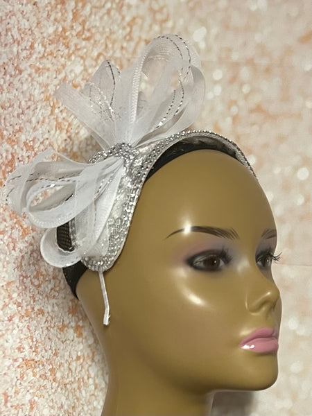 White Sinamay Lace Sequin Headband Fascinator, for Weddings, Church, Tea Parties, and other Special Occasions