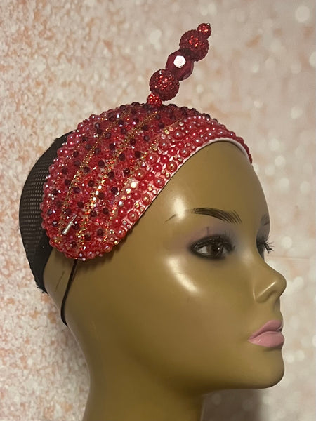 Red Beaded Crystal Fascinator Headband Half Hat, Church and Special Occasion Headpiece