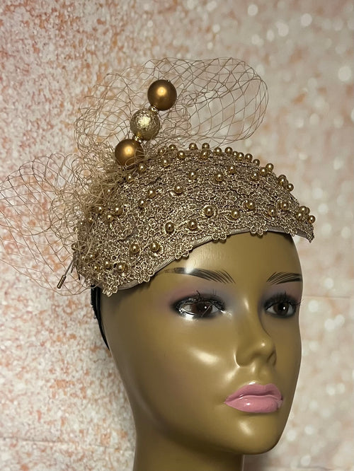 Gold Beaded Fascinator Half Hat for Church, Tea Parties, Weddings and other special occasions
