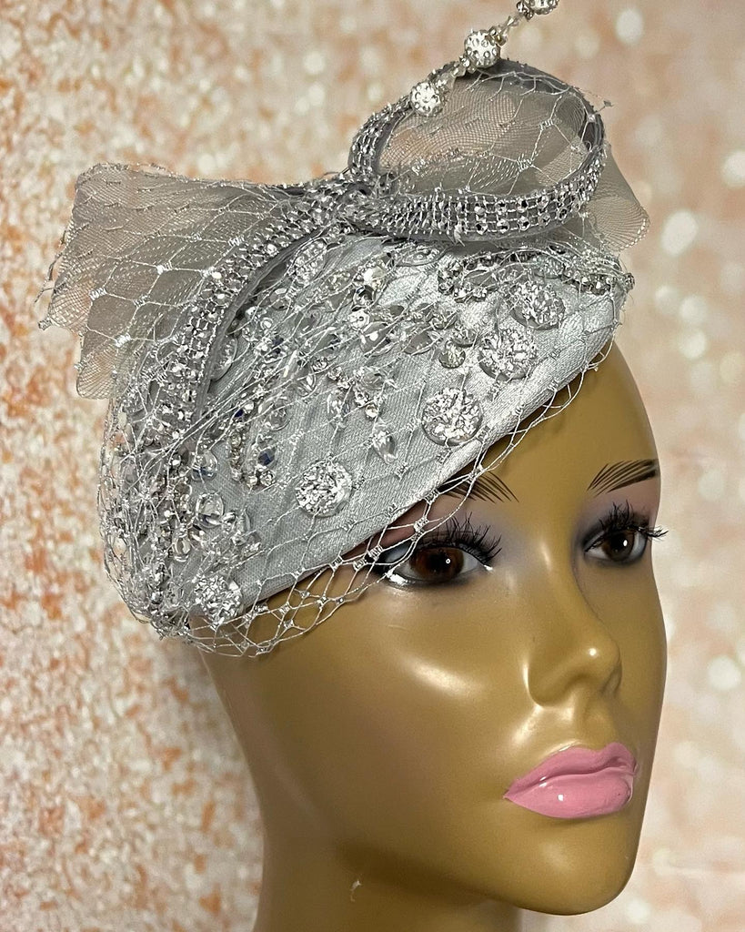 Silver Rhinestones Crystal Bling Fascinator Half Hat for Church, Tea Parties, Weddings and other special occasions
