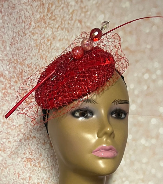 Red Cocktail Fascinator Church Half Hat, Beaded Lace Tea Party Hat, Mother of the Bride Wedding Hat, Perfect Gift for Mom and Wife
