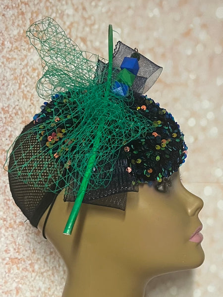 Green and navy sequins and Rhinestones hat for Church, Wedding, Mother of the Bride, Head Covering, Tea Parties and other special occasions