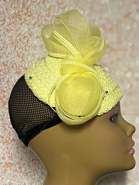Yellow Full Braid Fascinator Half Hat, Church Head Covering, Headwear, Tea Parties, Weddings and other Special Occasions