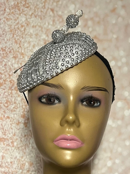 Silver Beaded Button Cocktail Fascinator Half Hat for Church, Tea Parties, Weddings and other special occasions