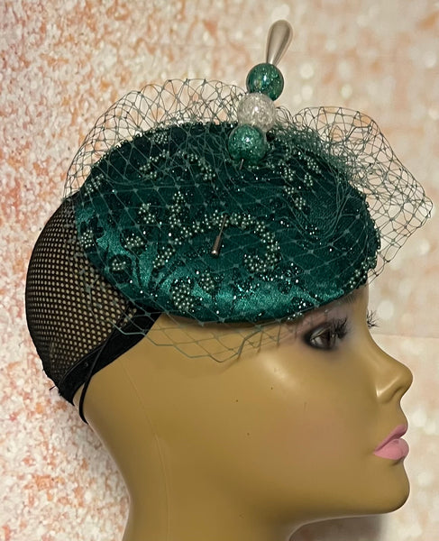 Green Sequin Button Pillbox Fascinator Half Hat, Church Head Covering, Headwear, Tea Parties, Weddings and other Special Occasions