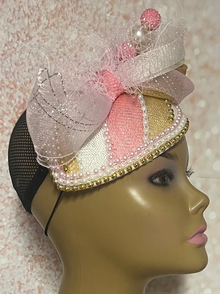 Pink, Gold, and Offwhite Multicolor Fascinator Half Hat, Church Head Covering, Tea Parties Weddings and other special occasion