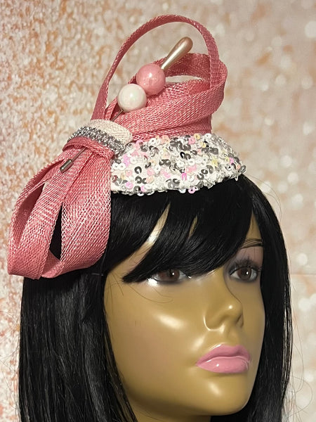 Pink Sinamay Fascinator, Light Pink Half Hat for Church head covering, Tea Party, Wedding, and other Special Occasions