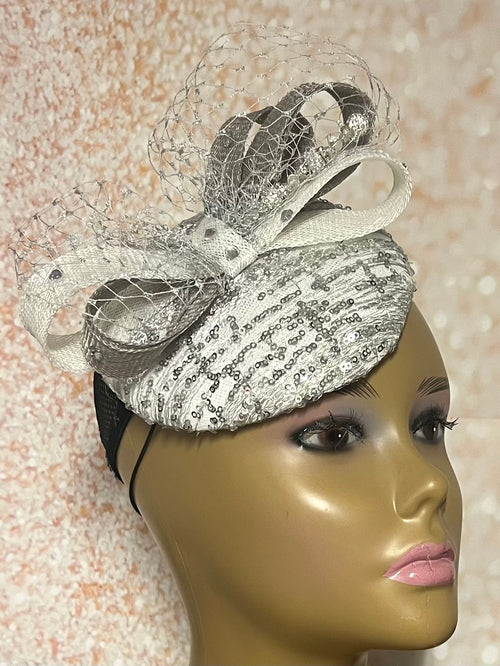 Silver and White Sequin Disc Shiny Bling Fascinator Half Hat for Church, Tea Parties, Weddings and other special occasions