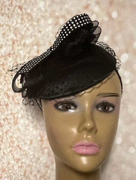 Black Small Satin Fascinator Half Hat for Church Head Covering, Tea Party, Wedding and Other Special Occasions