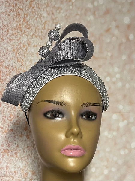 Silver Sequin Beaded Headband-Shaped Fascinator Half Hat for Church, Tea Parties, Weddings and other special occasions