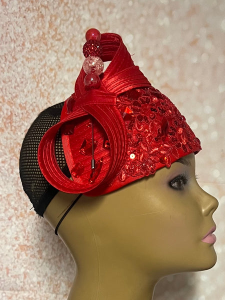Red Beaded Lace Half Hat Fascinator for weddings, church, and special occasions, Gift for Mom, Sister, Wife, Her