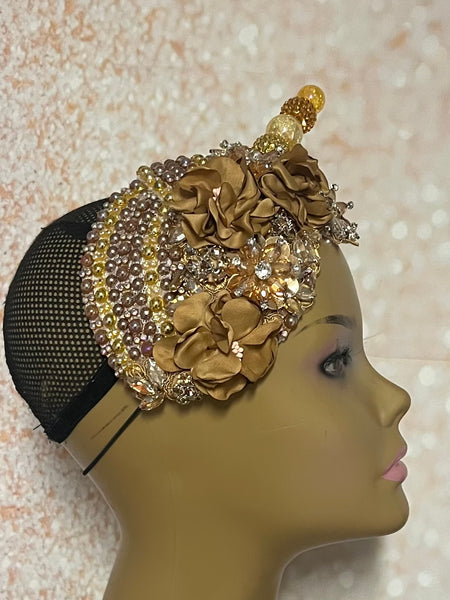 Gold and Beige/Khaki Beaded Flower Double Cup Fascinator, Church Special Occasion Half Hat