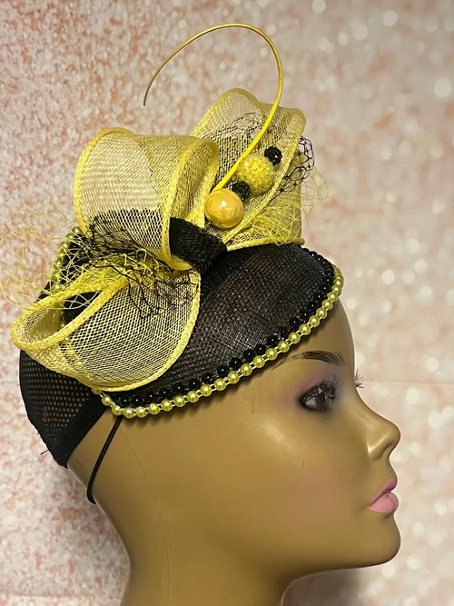 Yellow and Black Sinamay Beaded Teardrop Fascinator Half Hat, Church Head Covering, Headwear, Tea Parties, Weddings, other Special Occasions