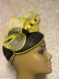 Yellow and Black Sinamay Beaded Teardrop Fascinator Half Hat, Church Head Covering, Headwear, Tea Parties, Weddings, other Special Occasions