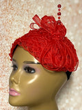 Beautiful Red Fascination Half Hat for Church, Tea Party, Weddings and Special Occasions