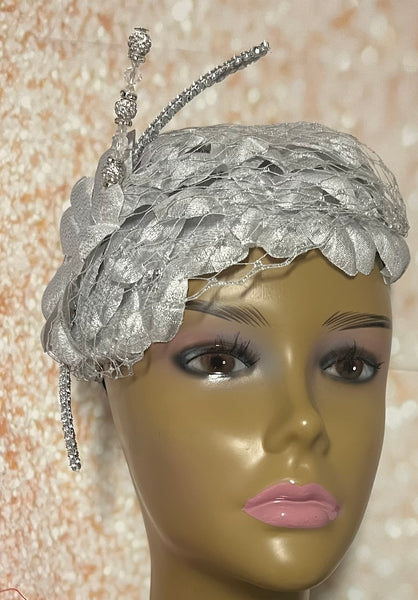 Silver Flower Fascinator Half Hat for Church head covering, Tea Party, Wedding, and other Special Occasions